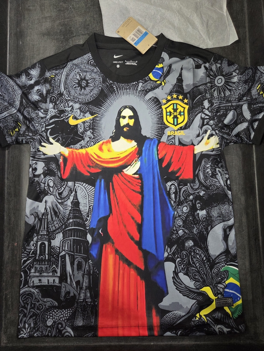 Nike Multicolor Graphic Brazil Soccer Jersey with Religious Motif Jesus